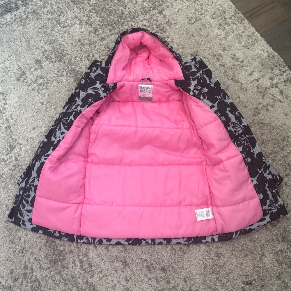 Roxy Girls Hooded Winter Jacket Black Floral Pink Lined Size 7/8 - Picture 8 of 8
